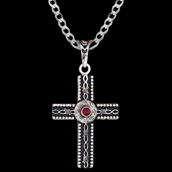 Psalms, Wow! A Masculine Cross with a 1.5"x2" German Silver base, beaded edges, a barbed wire, and black enamel, cubic zirconia of your choice.

 